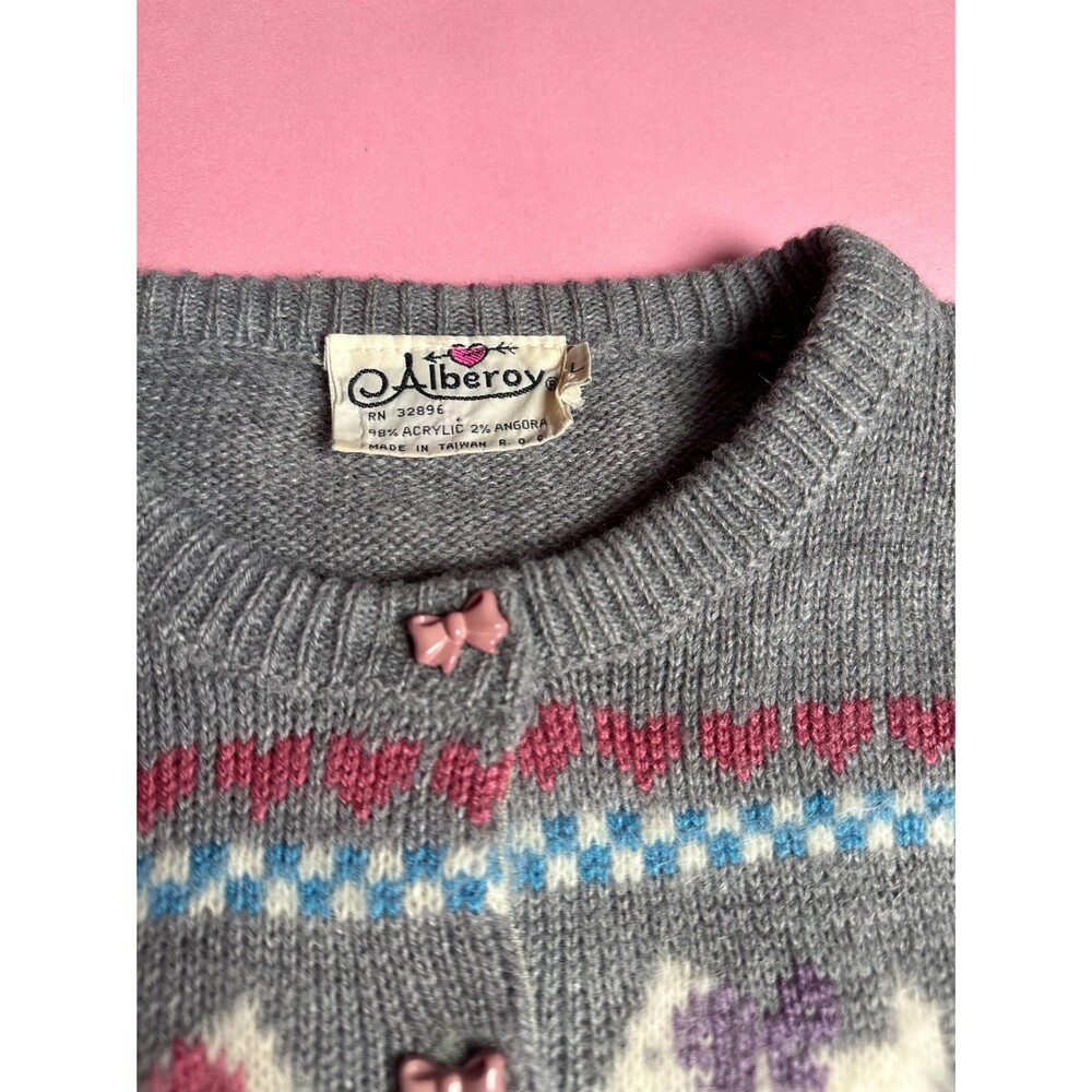 1970s ALBEROY Bow, RIBBON, Hearts, & Angora DOGs Cardigan W/Bow Buttons. S-M - Picture 11 of 16